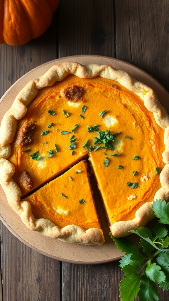 A slice of savory pumpkin quiche with a flaky crust, garnished with herbs, on a wooden table.